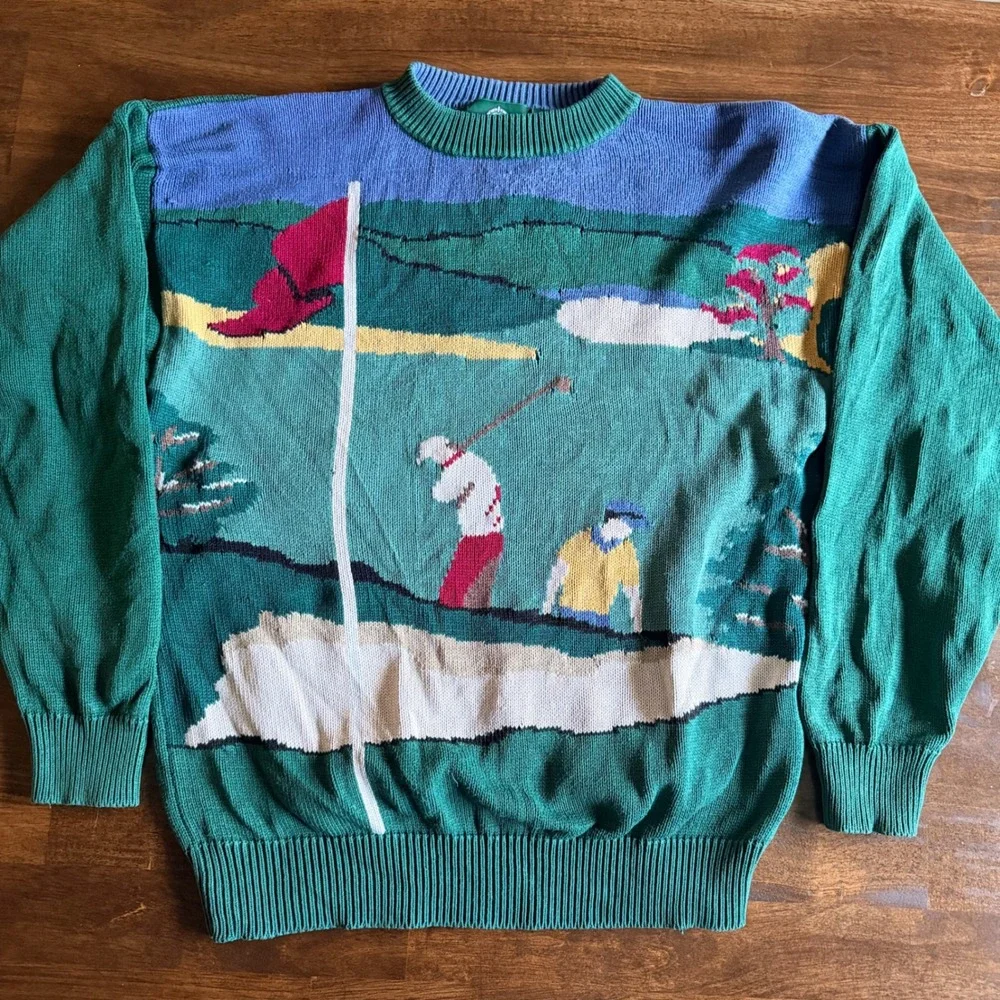 Vintage Jantzen Men Green Cotton Golf Scene Intarsia Knit Crewneck Sweater L